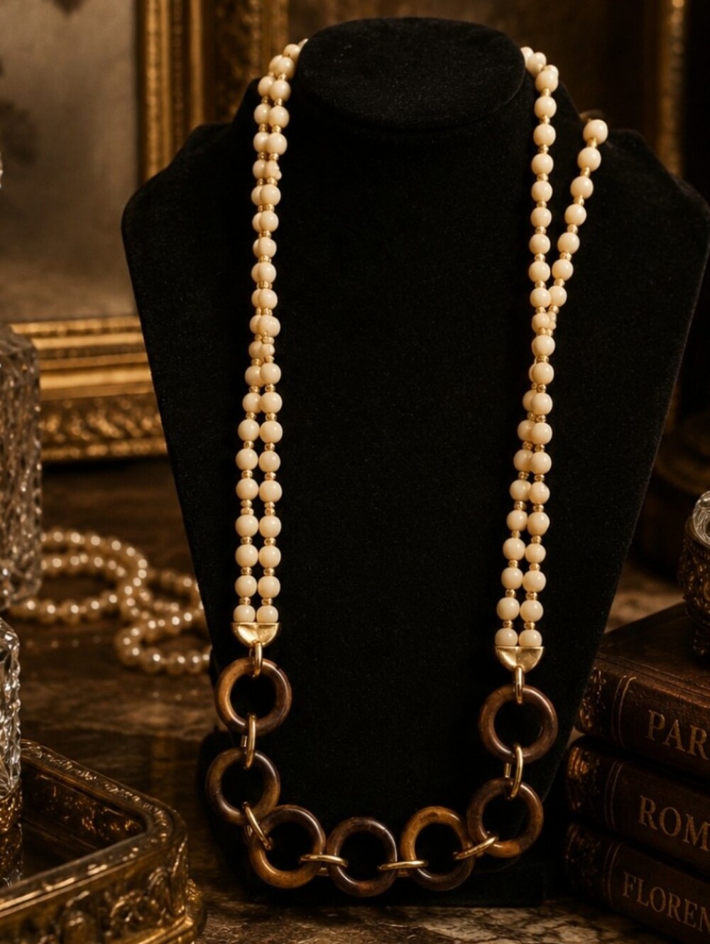 Vintage 80s Lucite Faux Pearl Statement Necklace Chunky Lucite Link Gold Tone
